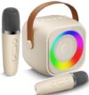 Mini Karaoke Machine, Portable Speaker with 2 Microphone for Kid_Off White
