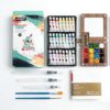 Mini Watercolor Travel Paint Set, Travel Watercolor Set, Portable Artist Palette Sets with Colours, Book, Pens, Binder Clips, Wooden Paint Box for Painters Artists Student (15 Grids)