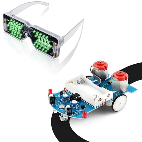 MiOYOOW Line Follwing Car Kit and Sound-Activated LED Light Up Glasses Soldering Project, Beginners Soldering Practice DIY Electronics Kit for College High School Education