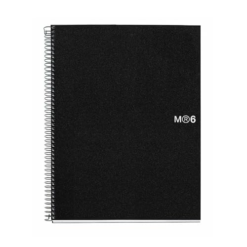 Miquel Rius M Original 6 Subject Notebook, Lined A4-11.7" x 8.27", 150 Sheets Heavyweight Paper, Subjects Separated by color, 4 Hole Punched, Micro-Perforated, Black Polypropylene Cover