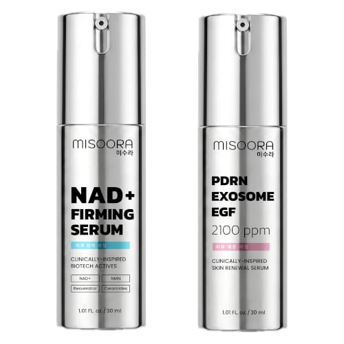 MISOORA NAD+ & PDRN Skin Longevity Duo | AM NAD+ Peptide Firming Serum + PM PDRN Exosome EGF Renewal Serum | Korean Biotech Anti-Aging Set for Face | Fragrance-Free for Mature Skin | 2 x 30ml