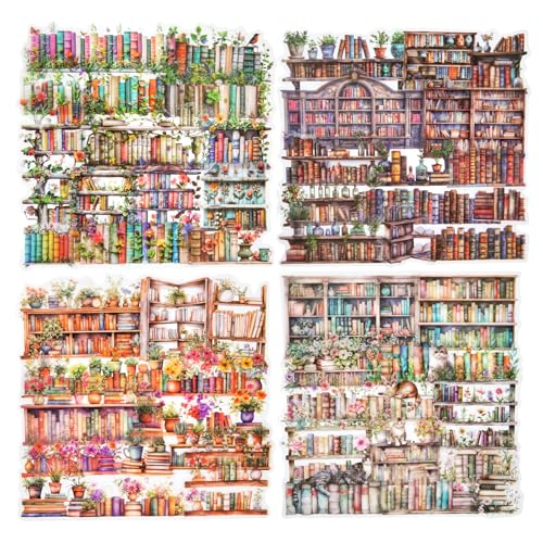 Miyouluna 60Pcs Bookshelf PET Stickers Set, Vintage Book Scenery Ephemera for Scrapbooking, Journaling, Bullet Journal, Waterproof DIY Craft Supplies