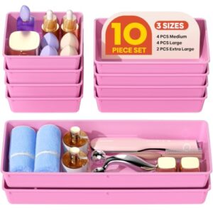 MLIKLU 10 Pack Large Size Plastic Drawer Organizers Set, 3 Sizes Desk Drawer Organizer Trays, Storage Bins for Vanity, Makeup, Bathroom, Kitchen Utensils and Office (Pink)