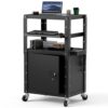 Mobile AV Cart with Cabinet Adjustable Height Computer Cart Rolling Media Utility Cart Heavy Duty with 4 Outlets & Pullout Keyboard Tray Mobile Computer Workstation with Lock Brake Wheels