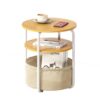 Modern 3-Tier Computer Desk with Removable Fabric Storage Basket – Sturdy Iron Frame – Space-Saving End Table for Small Spaces – Ideal for Bedroom, Living Room, Office, Offwhite