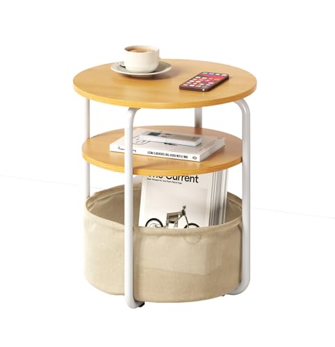 Modern 3-Tier Computer Desk with Removable Fabric Storage Basket – Sturdy Iron Frame – Space-Saving End Table for Small Spaces – Ideal for Bedroom, Living Room, Office, Offwhite