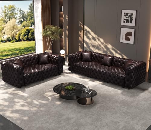 Modern Faux Leather Modular Sofa, 5-Seat Sectional Couch with Handmade Button Tufting and 5 Pillows, Spacious Upholstered Furniture for Living Room, Flexible Combination Design, Comfortable Support
