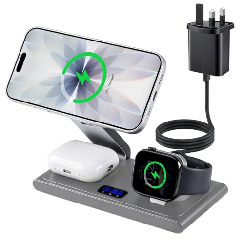 MONASAY 3 in 1 Wireless Charging Station with LCD Screen & 45W Charger | Foldable Magnetic Dock with 25W Fast Charge for iPhone 17/16/15/14/13/12, Apple Watch & AirPods | On/Off Display Button(Gray)
