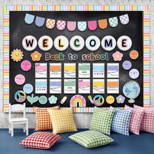 Mooliwe 94 Pcs Welcome Back to School Bulletin Board Set Retro Flowers Smile Face Paper Cutouts for First Day of School Classroom Wall Door Decoration(Groovy)
