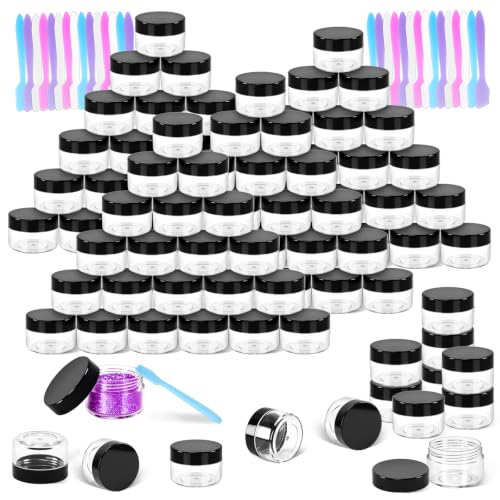 MotBach 40 PCS 15g Clear Plastic Containers with Lids,Small Makeup Sample Containers,0.5oz Empty Sample Pot Jars Round Travel Cosmetic Jars with Spatulas for Powder Cream Lotion Ointment,Black Lid