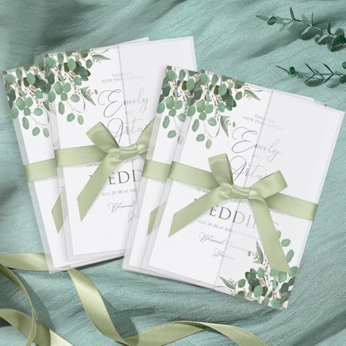 MotiMind 100 Pcs Greenery Eucalyptus Pre Folded Vellum Jackets for 5x7 Invitations 130gsm Transparent Envelope Liners Bulk Vellum Paper 5x7 with Ribbons Wedding Invitations Wraps for Wedding Cards