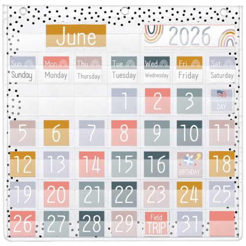 MotiMind Boho Classroom Calendar Pocket Chart, 44 Pockets with 81 Cards and 3 Hooks, Morandi Colors Monthly Calendar for Students Learning for Home or School