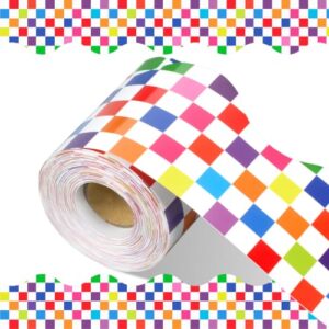 Motiskyy 65 Feet Back to School Gingham Bulletin Board Border Rainbow Checkered Scalloped Chalkboard Border Trim Bright Colorful Plaid Classroom Decor Teacher Supplies for Classroom Office Home Decor
