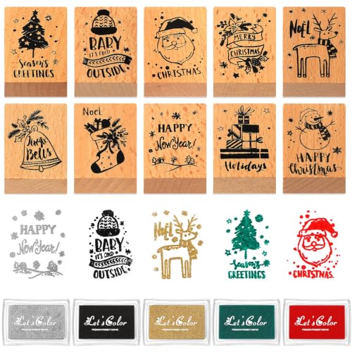 MOUNTCLIM 15 Pcs Merry Christmas Wooden Rubber Stamps with Craft Ink Pads, Xmas Tree Snowman Snowflake Stamps Vintage Wooden DIY Art Stamps for Winter Party Decor Scrapbooking Cards Making