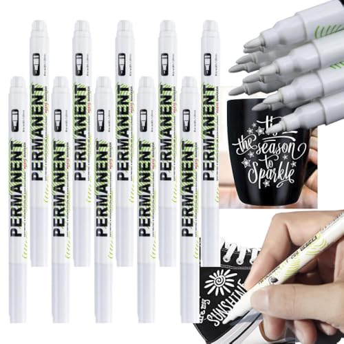 MROOFUL Acrylic White Paint Pens, 10 Pack White Permanent Marker with Extra Fine Point (1mm), 1 Free Pencil Case, White Oil Based Paint Pens for Wood, Rock Painting, Canvas, Stone, Glass, Ceramic