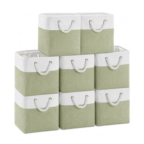 MSHABOOR 11x11 Inch Cube Storage Bins, 8 Pack Collapsible Fabric Storage Cubes with Rope Handles, Waterproof Foldable Storage Baskets for Cube Shelves, Closet, Clothes, Toys, Books, White & Green