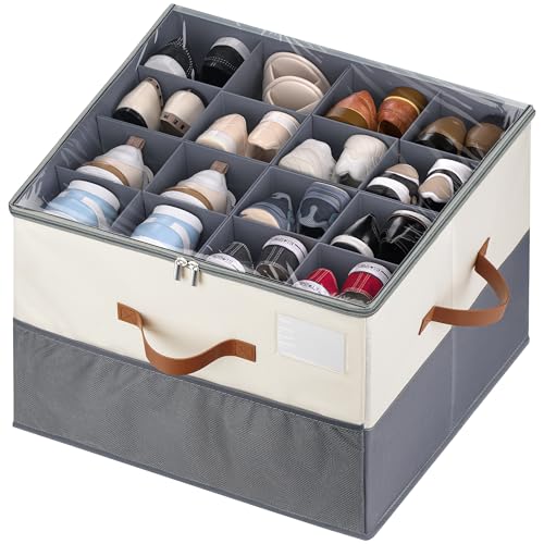 MSTONAL Shoe Organizer for Closet, 1 Pack Shoe Storage Container with Adjustable Dividers, Space Saving Shoe Box Storage Organizer Bin with Clear Lid and 4 Handles, Fits 8-16 Pairs, Beige & Grey