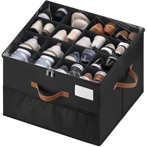 MSTONAL Shoe Organizer for Closet, 1 Pack Shoe Storage Container with Adjustable Dividers, Space Saving Shoe Box Storage Organizer Bin with Clear Lid and 4 Handles, Fits 8-16 Pairs, Pure Black