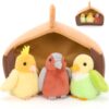 Muiteiur Bird Stuffed Animal Set, 3 Parrot Plush Toys with 11.8" Birdhouse