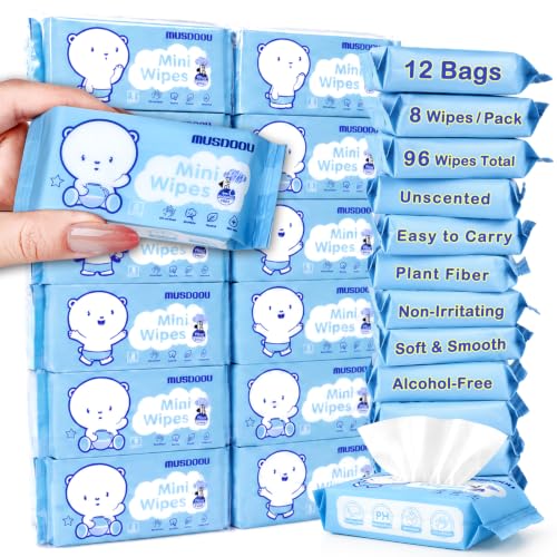 MUSDOOU 12 Pack Mini Travel Wet Wipes, 8 Wipes Each, Pocket Size Portable Wipes with 99.5% Water, Unscented Gentle Cleansing Wet Wipes for Travel Size Essentials, Office, Outdoor & Everyday Use