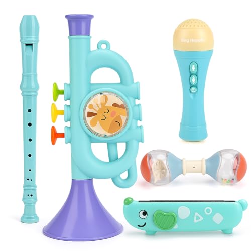 Musical Toys for 2 3 Year Old Boy Girl Birthday Gifts, 5 in 1 Montessori Musical Instruments for Toddlers 2-4 with Trumpet/Microphone/Flute/Harmonica, Preschool Learning Toys for Baby 18+ Months