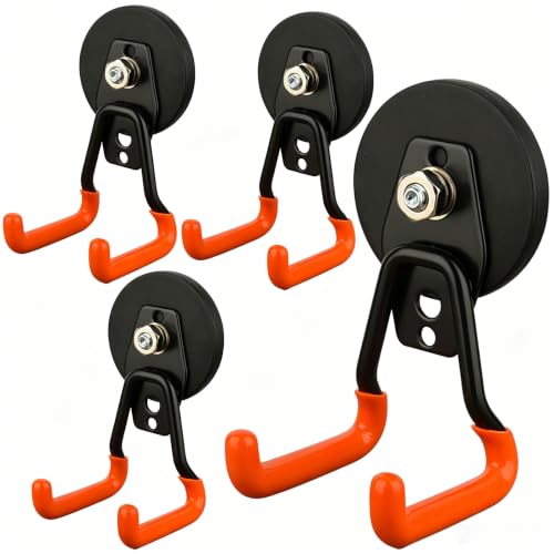 MUTUACTOR Upgraded Magnetic Hooks,4-Pack Heavy Duty Magnetic Garage Hook for Hanging,Φ2.59” 20lbs Magnet Garage Storage System Hooks to Securely Organize Toolboxes, Drill Drivers, Garden Hoses Shovels