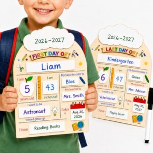 My First Day of School Sign, 12 x 10-Inch Reusable Wooden Dry-Erase Board for Preschool, Pre-K & Kindergarten, First and Last Day Photo Prop