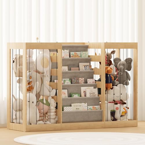 NACHES Montessori Kids Bookshelf with Enclosed Toy Storage, Dual Mesh Stuffed Animal Organizer Bins, Front-Facing Toddler Book Display Shelf, Multi-Purpose Storage Unit for Playroom (Natural Wood)