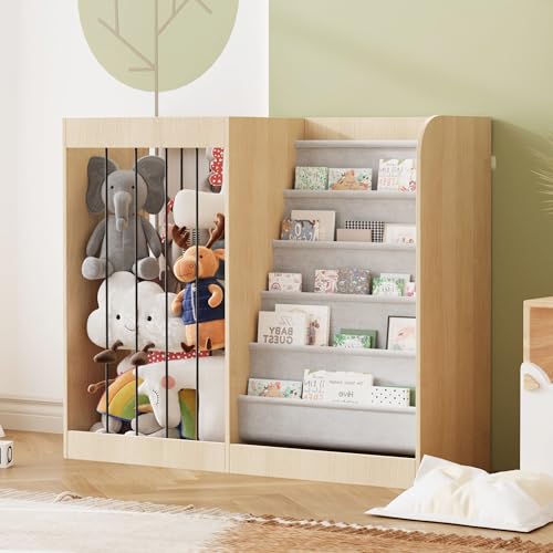 NACHES Montessori Kids Bookshelf with Enclosed Toy Storage, Dual Mesh Stuffed Animal Organizer Bins, Front-Facing Toddler Book Display Shelf, Multi-Purpose Storage Unit for Playroom(White)