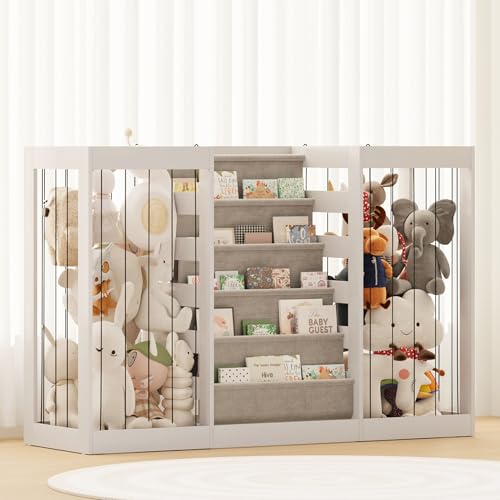 NACHES Montessori Kids Bookshelf with Enclosed Toy Storage, Dual Mesh Stuffed Animal Organizer Bins, Front-Facing Toddler Book Display Shelf, Multi-Purpose Storage Unit for Playroom (White)