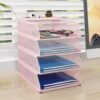 Natwind 4-Tier Stackable Metal Mesh Desk Paper Tray Organizer,Pink