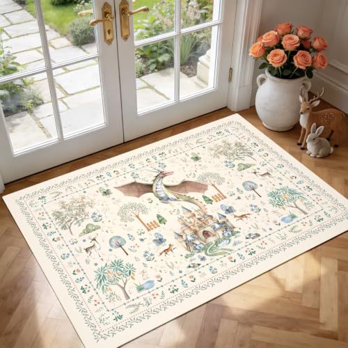 nesrt Dragon Washable Area Rugs Small 2x3Ft Beige, Soft Animal Print Entrance Rugs Non Slip, Botanical Forest Kitchen Bedroom Floor Door Mat for Laundry Bathroom Home Office Decor