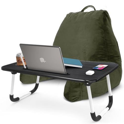 Nestl Reading Pillow with Portable Laptop Lap Desk - Shredded Memory Foam Back Support Pillow for Sitting Up in Bed and Couch Rest Pillows with Arms, Bed Tray Table with Foldable Legs, Olive Green