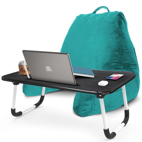 Nestl Reading Pillow with Portable Laptop Lap Desk - Shredded Memory Foam Back Support Pillow for Sitting Up in Bed and Couch Rest Pillows with Arms, Bed Tray Table with Foldable Legs, Teal