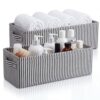 Newtay 2 Pcs Gray Stripe Narrow Storage Bins Fabric Skinny Basket Small Basket with Handles for Closet Cabinet Countertop Organizing Small Items
