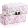 Newtay 2 Pcs Pink Floral Narrow Storage Bins Fabric Skinny Basket Small Basket with Handles for Closet Cabinet Countertop Organizing Small Items