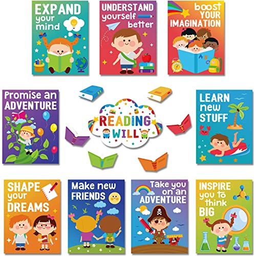 Nezyo 10 Pcs Classroom Reading Will Banner and Poster 11.8 x 9 Inch Classroom Reading Bulletin Board Growth Mindset Wall Decor for Corner Preschool Elementary and Middle School Library Decor