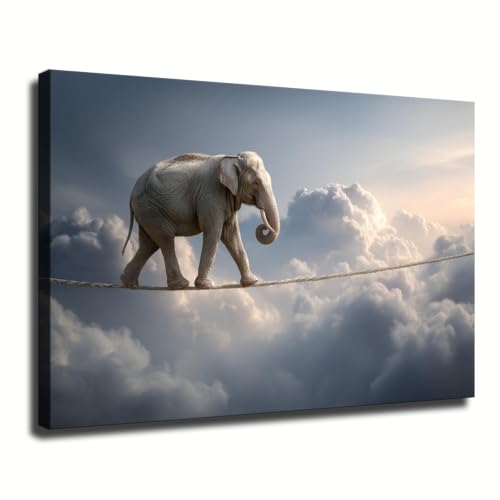 Nicghece Surrealist Elephant Canvas Poster Elephant on A Tightrope Oil Painting Motivational Office Wall Art Prints Balancing Rope Animal Picture for Living Room (08x12 inch - Framed)