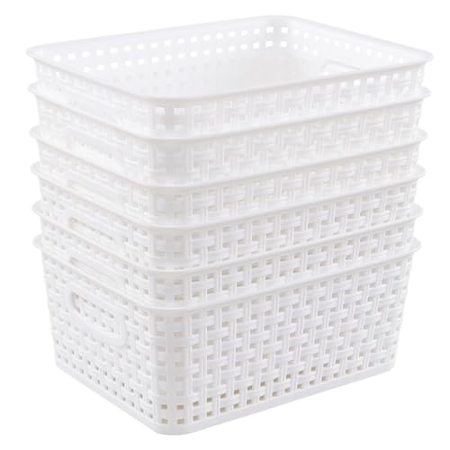 Nihenok 6-Pack Plastic Woven Storage Baskets, Kitchen Organizer Basket with Handles, Organizing Bin for Barthroom, Pantry, Classroom, Office, White