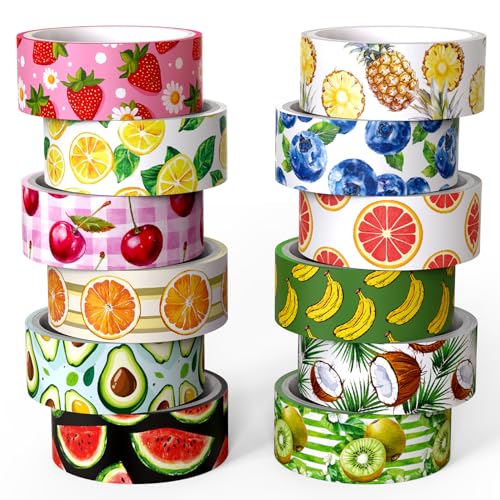 NIKOMIE 12 Rolls Fruit Themed Washi Tape Set, Colorful Floral Plants Decorative Tape Tropical Fruits Masking Tape for Journaling Supplies, Junk Journal, Scrapbooking, DIY Arts & Crafts,Gift Wrapping