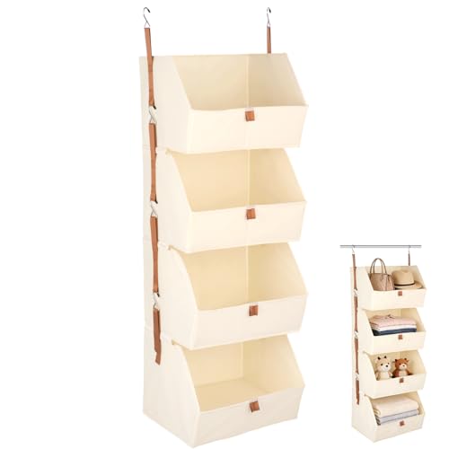 NIMBLOOM 4-Tier Hanging Closet Organizer, Closet Hanging Shelves with Polyester Fabric, Beige Collapsible Design for Clothes, Toys, and Accessories, 47.2 x 10.2 x 12.2 in