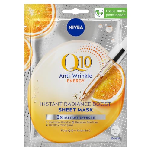 NIVEA Q10 Energy Facial Sheet Mask with Coenzyme Q10 and Vitamin C, Intensive Hydrating Face Mask for Tired Looking Skin, Nourishing Moisturizing Skincare Treatment, Single Use 10 Minute Face Mask
