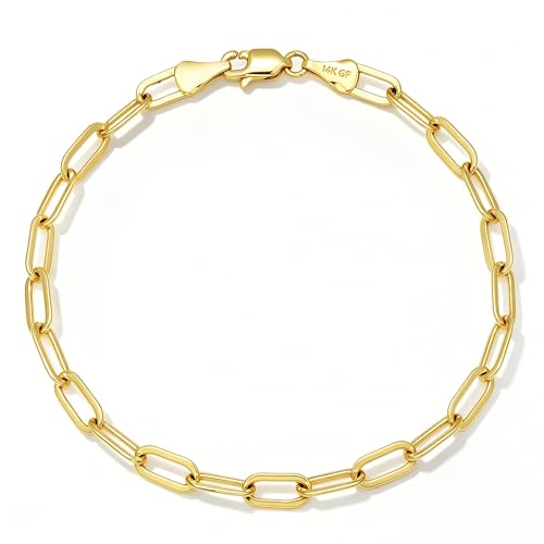NOKMIT 14K Gold Filled Paperclip Bracelets for Women Men, 4mm Rectangular Paper Clip Link Bracelet, 6.5-8 Inches, Hypoallergenic, Non-Tarnish, Pulsera de Oro 14K para Mujer (4mm, 7.5in)