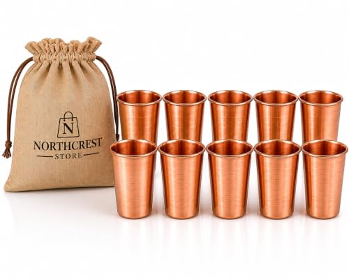 Northcrest Store Hammered Pure Copper Water Drinking Glasses Set of 10, Large 14 Oz Handmade Copper Tumblers, Traditional Ayurvedic Drinking Cups, Durable Metal Drinkware Gift Set
