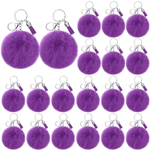 Nosiny 20 Pcs Cheer Faux Pom Pom Keychains Cheer Team Keychains Gifts Bulk Cheerleading Keyring Charm with Tassel for Cheer Team Sport Accessory(Purple)