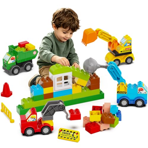 NoyiEon 100+ Pcs Building Blocks Set with 4 Construction Trucks, Large Baseplate, Post-Disaster Rebuild Pretend Play, STEM Toy for Fine Motor Skills & Emotional Growth, Gift for Kids Ages 3-8
