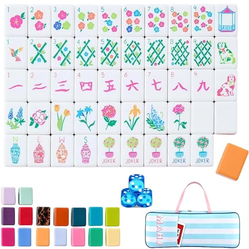 Nsldns 4 Layer Mahjong Tiles, 2026 New 160 Pcs Acrylic American Mahjong Tiles Set with Dice, Clear Engraved Western Game with Dice for Adults, Travel & Game Nights (Bright Floral)