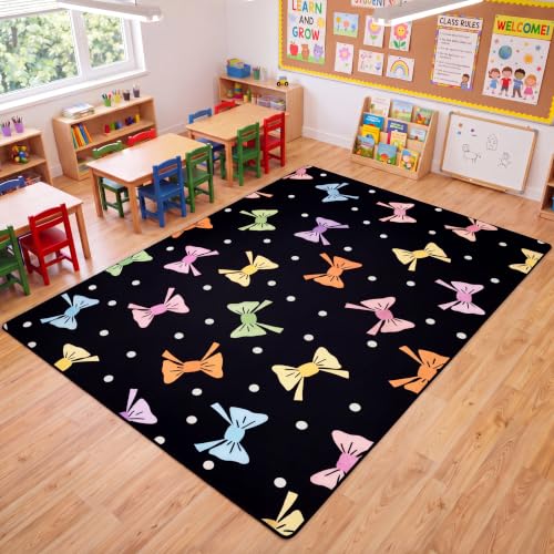 Nuanchu 7 x 5 ft Colorful Bow Classroom Area Rug with Dots Medium Education Rug with Bow Knot and Polka Dots Black Bowknot Carpet Mat for Playroom Bedroom School Kindergarten Nursery Preschool