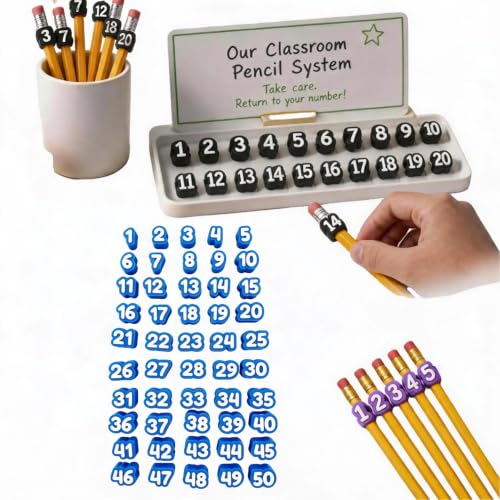 Numbered Pencil Toppers 1-30, Reusable Classroom Pencil Labels for Student Identification, Colorful Number Toppers for Pencils, Teacher Supplies for School Organization (30 Pack) (Numbers 1-50/Blue)
