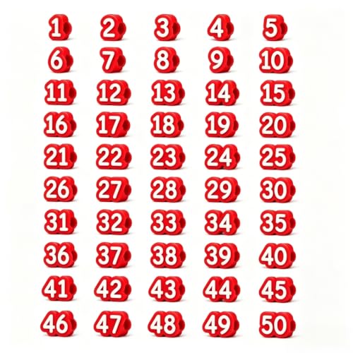 Numbered Pencil Toppers 1-50, Reusable Markers for Organization, Slide-On Pencil Labels for Supply Management, Numbered Pencil Caps for Standard Pencils, Classroom and Home Use (Red)